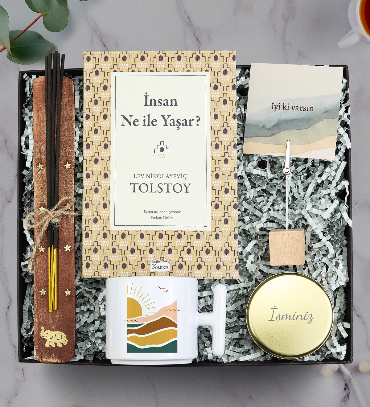 İnsan Ne İle Yaşar & Tütsü & T Kupa & Mum & Not Tutucu Hediye Seti