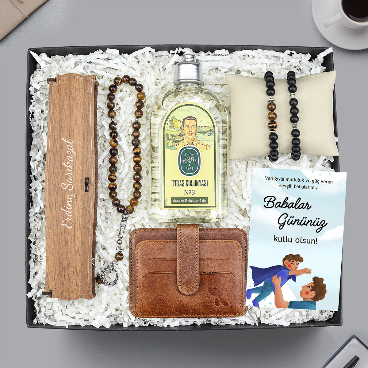Ahşap kutulu Kaplangözü Tesbih & Eyüp Sabri Tuncer Tıraş Kolonyası & Kaplangözü 2'li Bileklik & Kahverengi Hakiki Deri Kartılık