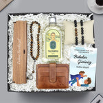 Ahşap kutulu Kaplangözü Tesbih & Eyüp Sabri Tuncer Tıraş Kolonyası & Kaplangözü 2'li Bileklik & Kahverengi Hakiki Deri Kartılık