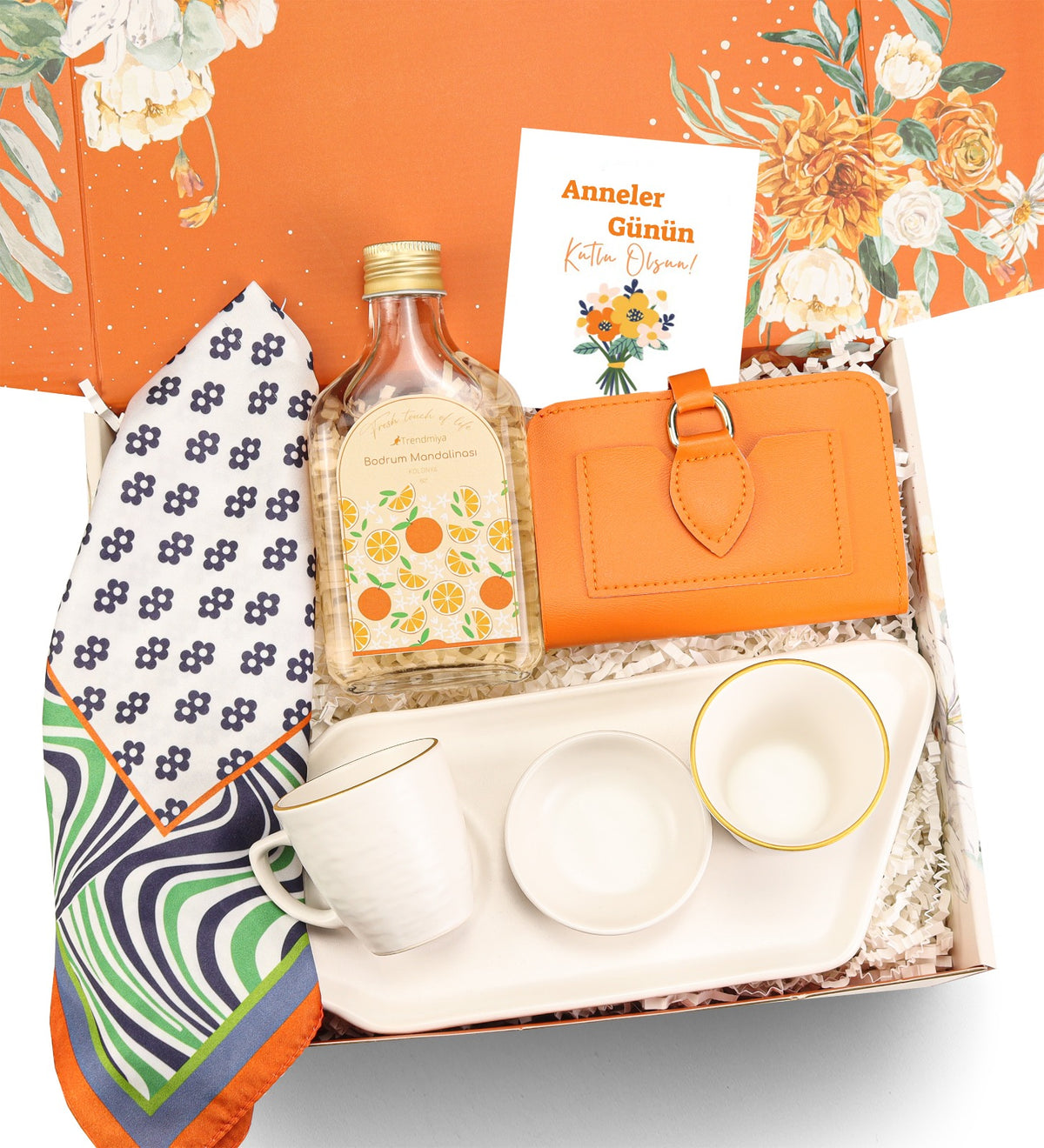 Turuncu Fular & Türk Kahvesi Sunum Seti &Turuncu Yumuşak Deri Cüzdan & Kolonya Hediye Seti