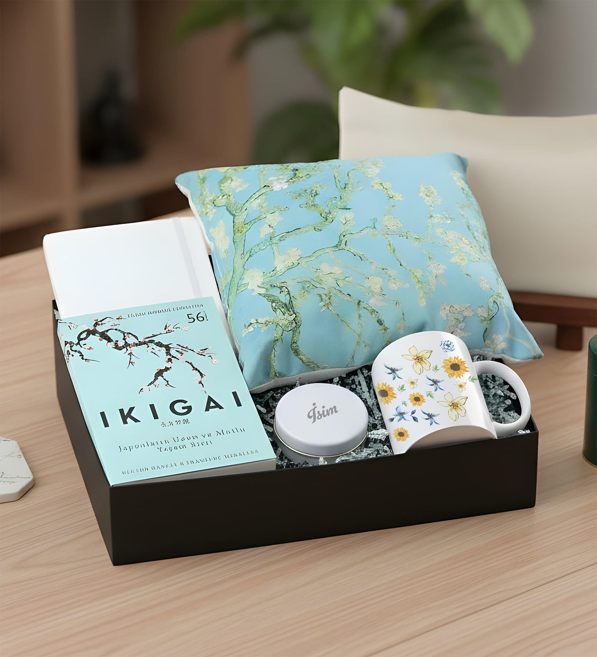 Van Gogh Yastık & Beyaz Defter & Ikigai & Mum & Kupa Hediye Seti