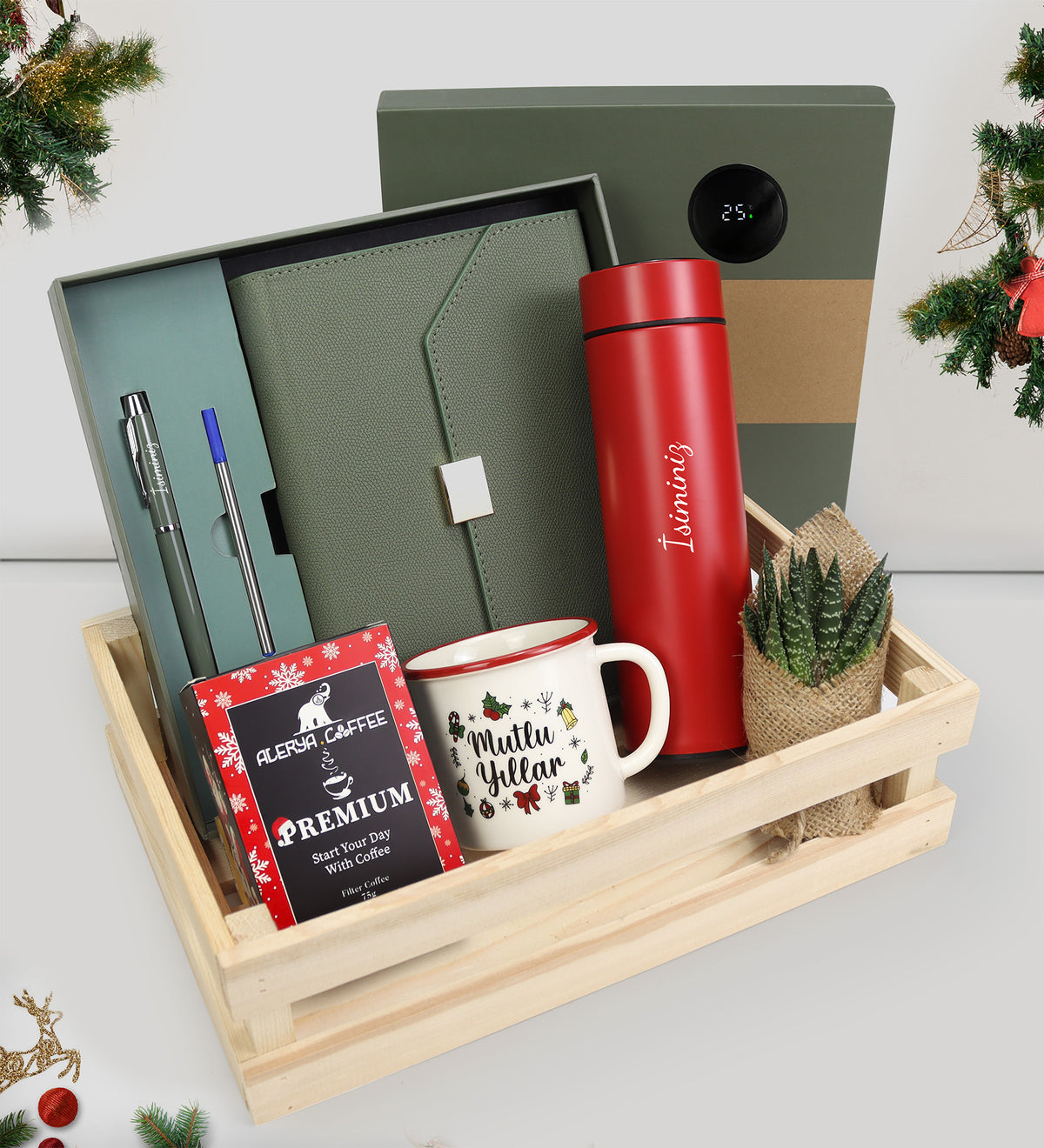 Kutulu Defter Kalem Seti & Dereceli Termos & Sukulent Çiçek & Kahve & Kupa Hediye Seti
