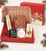 Yılbaşına Özel Happy New Years Kupa & Kahverengi Defter & Gold Siyah Roller Kalem & Kişiye Özel 500 ML Gold Renk Dereceli Termos & Godiva Çikolata Hediye Seti