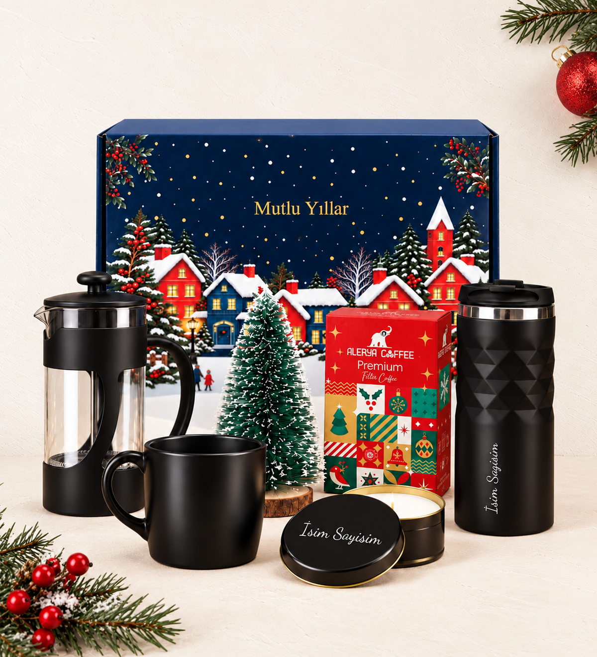 Yılbaşına Özel Kutusunda Siyah Kristal Termos & French Press & Alerya Premium Filtre Kahve & Siyah Kupa Çam Ağacı & Siyah Metal Kutulu Mum