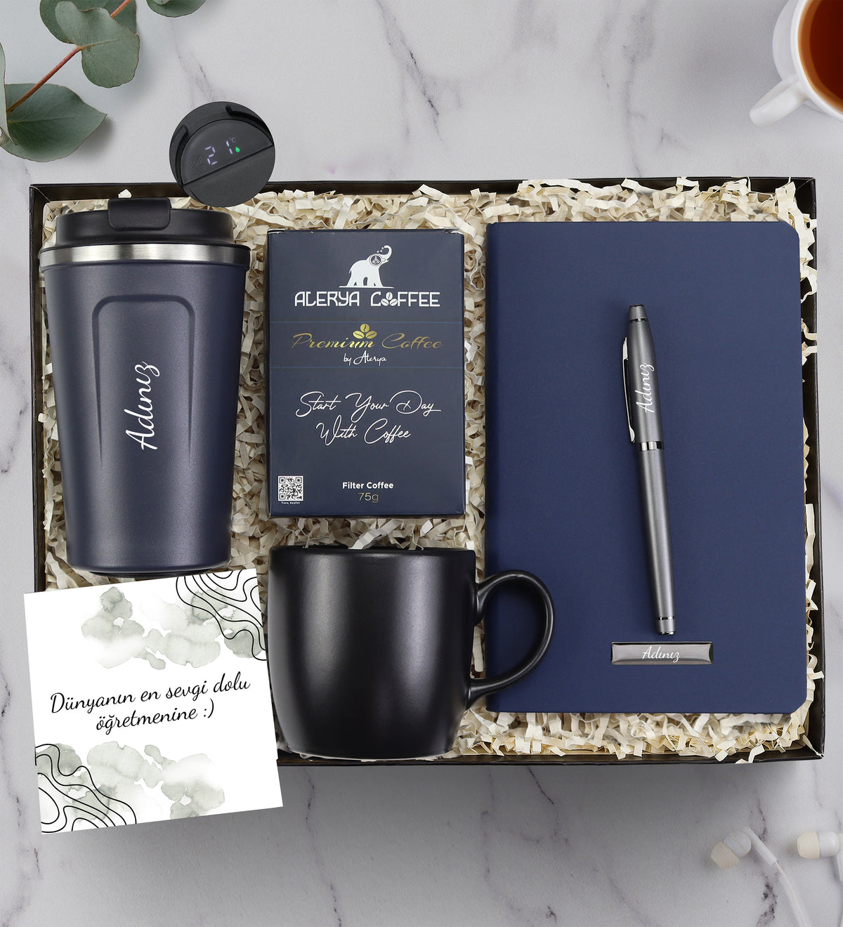 Kişiye Özel Dereceli 380 Ml Lacivert Kaydırmaz Termos & Mavi Defter & Gümüş Renk Roller Kalem & Alerya Premium Filtre Kahve & Siyah Kupa Hediye Seti