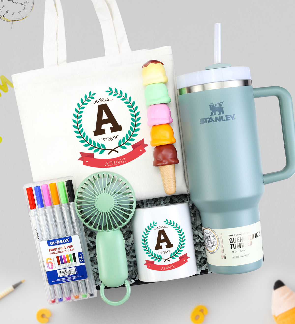Stanley Termos & Çanta & Kalemlik & El Fanı & Kalem Seti & Dondurma Fosforlu Kalem Hediye Seti