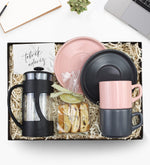 Siyah French Press & 2'li Pembe İle Gri Çay Fincanı & Bademli Kurabiye Hediye Seti