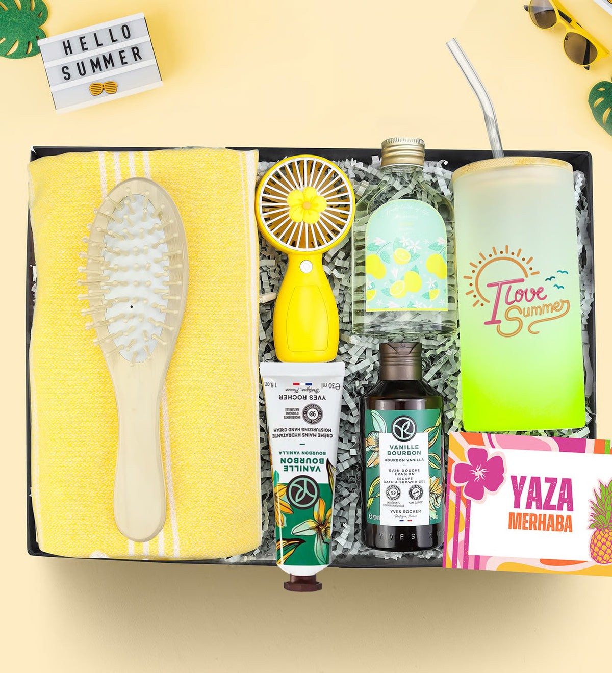 Kişiye Özel Pipetli Buzlu Cam Bardak & Peştemal & Ahşap Tarak & Kolonya 100ml & Yves Rocher Duş Jeli & Bakım Kremi & Pipetli Buzlu Cam Bardak Yaza Merhaba Hediye Seti