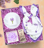 Lavanta Desenli Tasarım Fular & Tasarım Fincan & Tek İçimlik Türk Kahvesi & Lotus Mum Hediye Seti