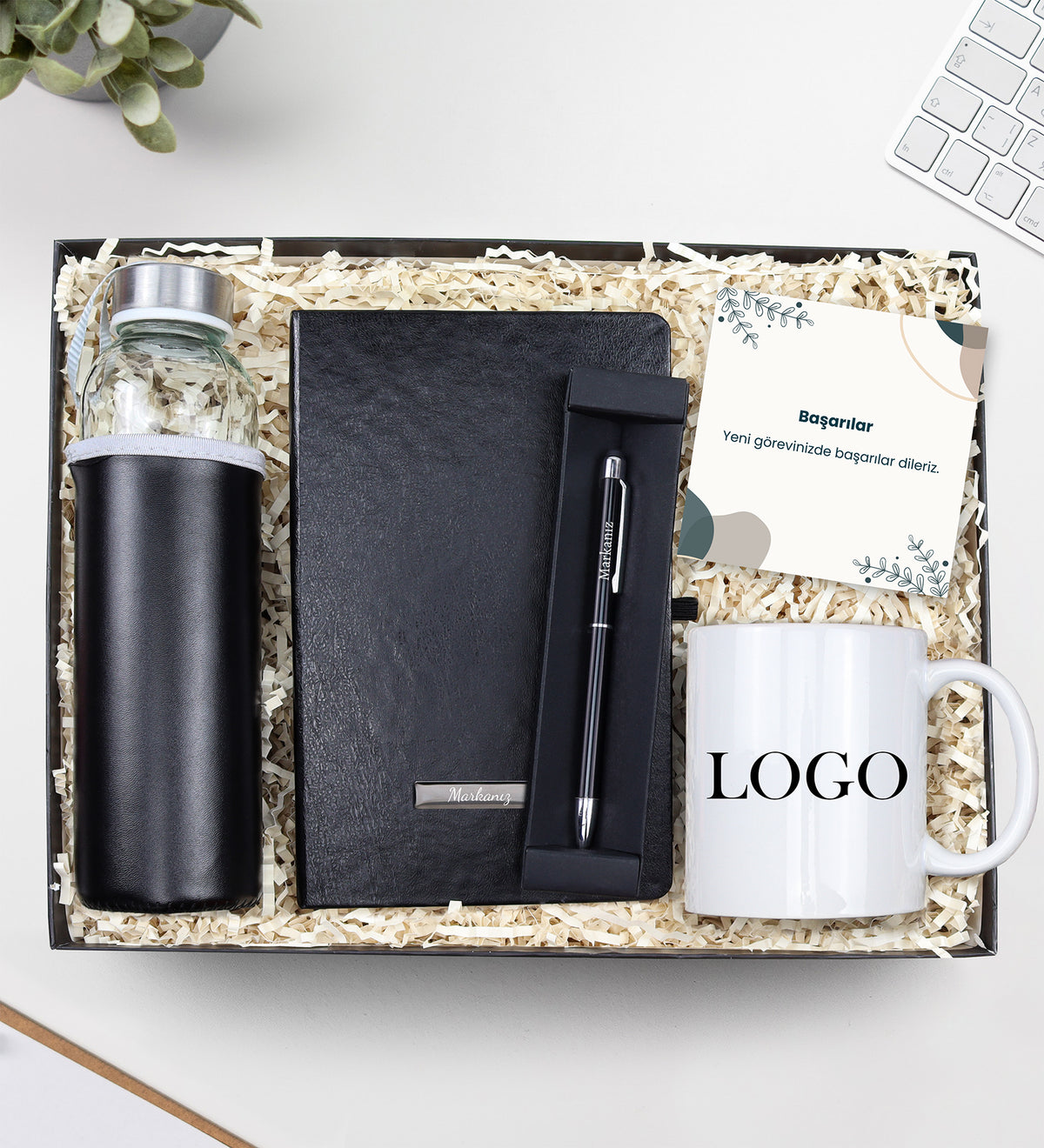 Kişiye Özel Siyah Defter & Siyah Touch Pen & Özel Deri Kılıflı 500 Ml Su Matarası & Logo Baskılı Kupa Hediye Seti