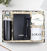 Kişiye Özel Siyah Defter & Siyah Touch Pen & Özel Deri Kılıflı 500 Ml Su Matarası & Logo Baskılı Kupa Hediye Seti