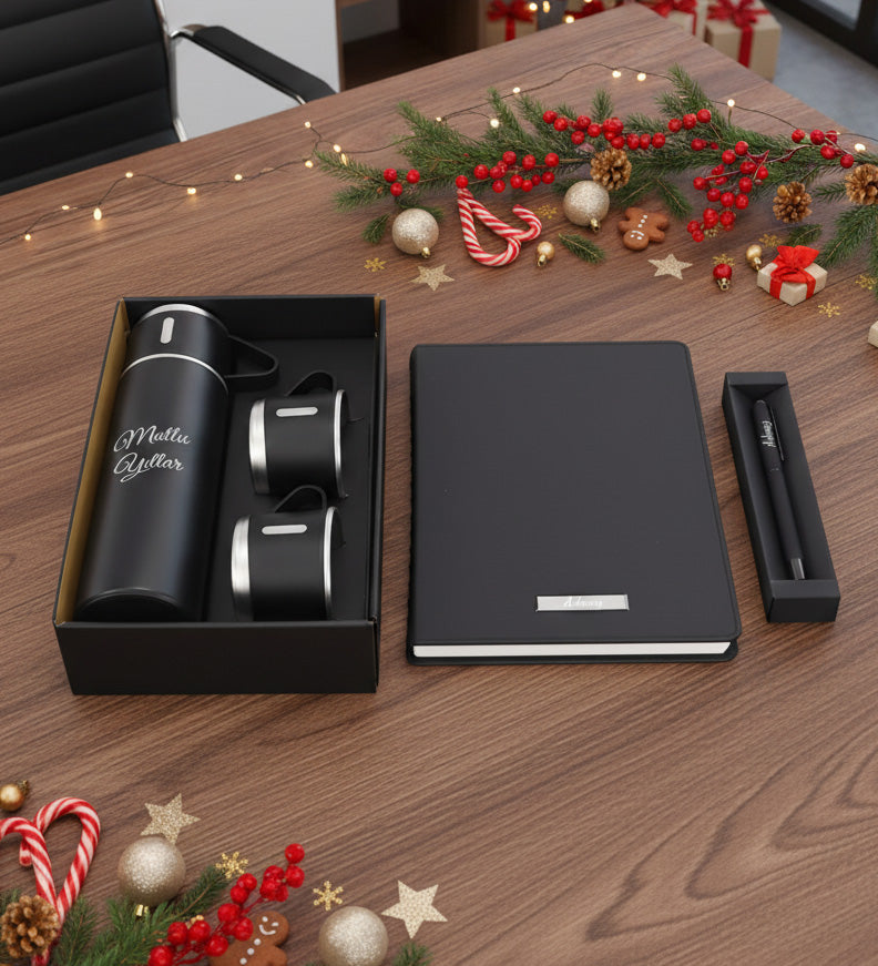 Kişiye Özel Bardaklı Termos & Spiralli Yeni Yıl Tarihli Ajanda & Mat Roller Kalem