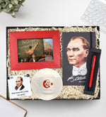 Kişiye Özel Kırmızı Mat Roller Kalem & Mustafa Kemal Atatürk Baskılı Defter & Atatürk Fincan & Kırmızı Çerçeve Hediye Seti