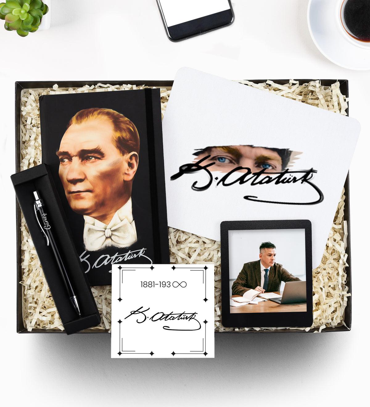 Kişiye Özel Gümüş Renk Detaylı Siyah Tükenmez Kalem & Atatürk Baskılı Defter & Siyah İnstagram Çerçeve & Kişiye Özel Mouse Pad Hediye Seti