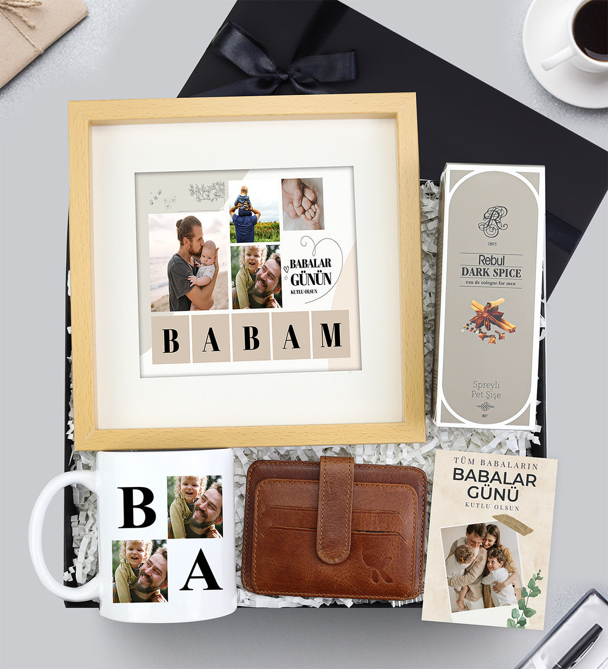 21x21 cm Paspartu Çerçeve & Hakiki Deri Kartlık & Baba Kupa & Rebul Kolonya Hediye Seti