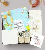 Yenidoğan Bebek Zıbını & Ahşap Figürlü Emzik Tutucu & Hamilelik Ve Anne Bebek Günlüğü & Müslin Bez Örtü & Örme Patik Hediye Seti