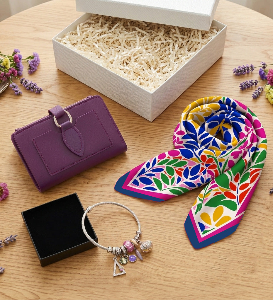 Mor Yumuşak Deri Kartlık Cüzdan & Mor Çiçekli Fular & Gümüş Renk Charm Çelik Bileklik Hediye Seti