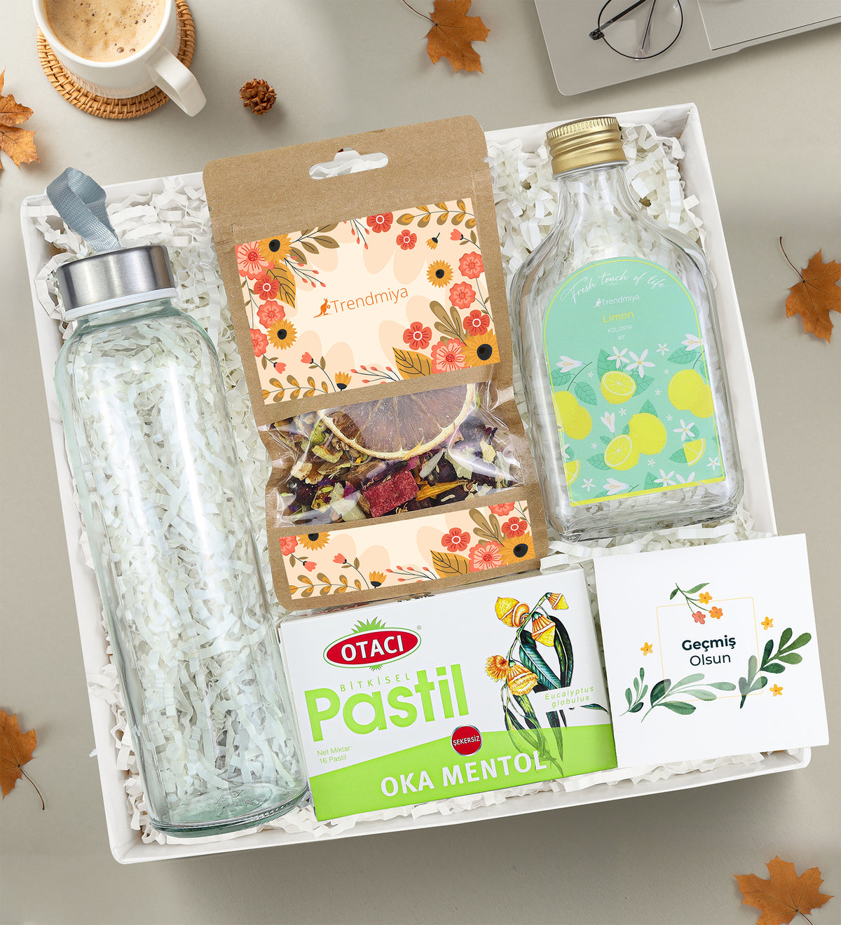 Cam Matara & Trendmiya 200ml Kolonya & Bitki Çayı & Otacı Pastil Hediye Seti