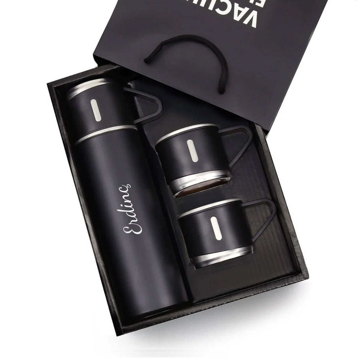 3 Bardaklı Siyah Termos