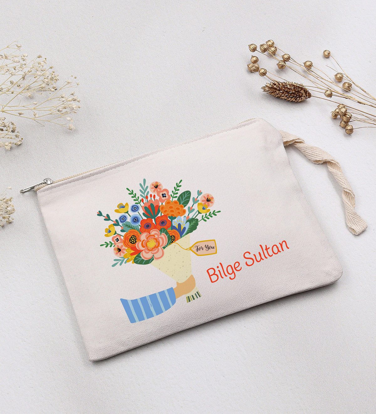 Ham Bez Çanta & Yuvarlak Ayna & İnci Anahtarlık Hediye Seti