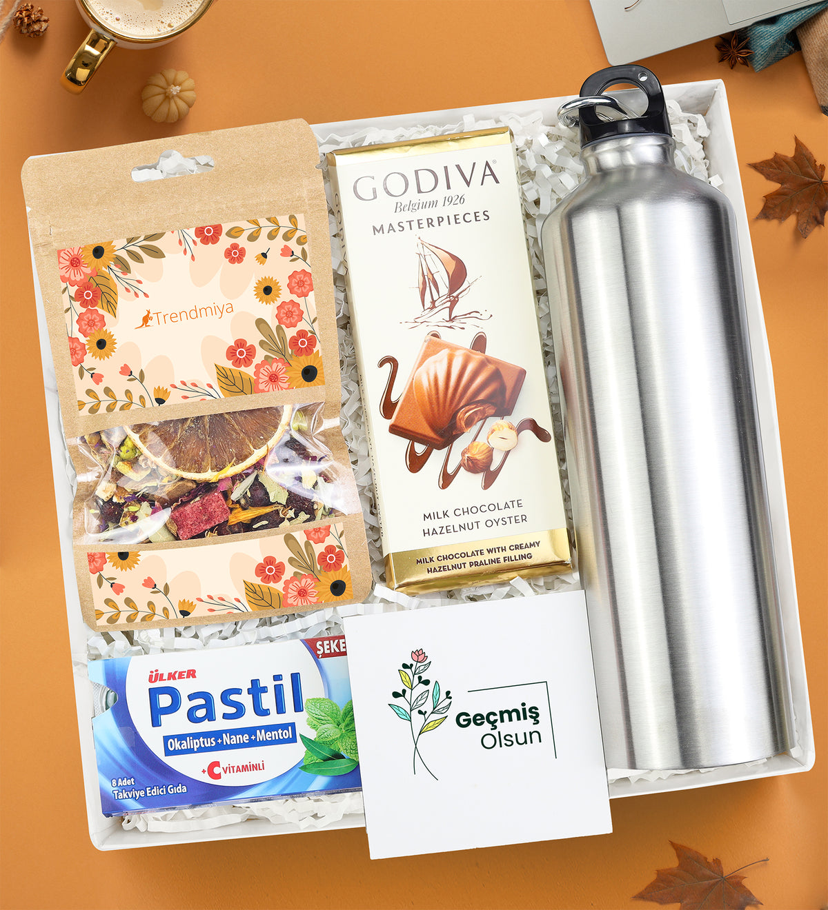 Çelik Gümüş Renk Matara & Godiva 86gr Çikolata & Bitki Çayı & Ülker Pastil Hediye Seti