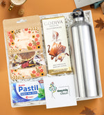 Çelik Gümüş Renk Matara & Godiva 86gr Çikolata & Bitki Çayı & Ülker Pastil Hediye Seti