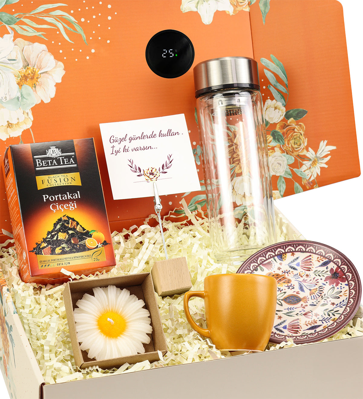 Dereceli Cam Matara & Beta Tea Bitki Çayı & Turuncu Fincan & Mum & Not Tutucu Hediye Seti