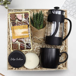 Kişiye Özel Siyah Metal Kutulu Mum & Canlı Sukulent Çiçek & Siyah French Press & Siyah Kupa & Vela Çikolata Hediye Seti
