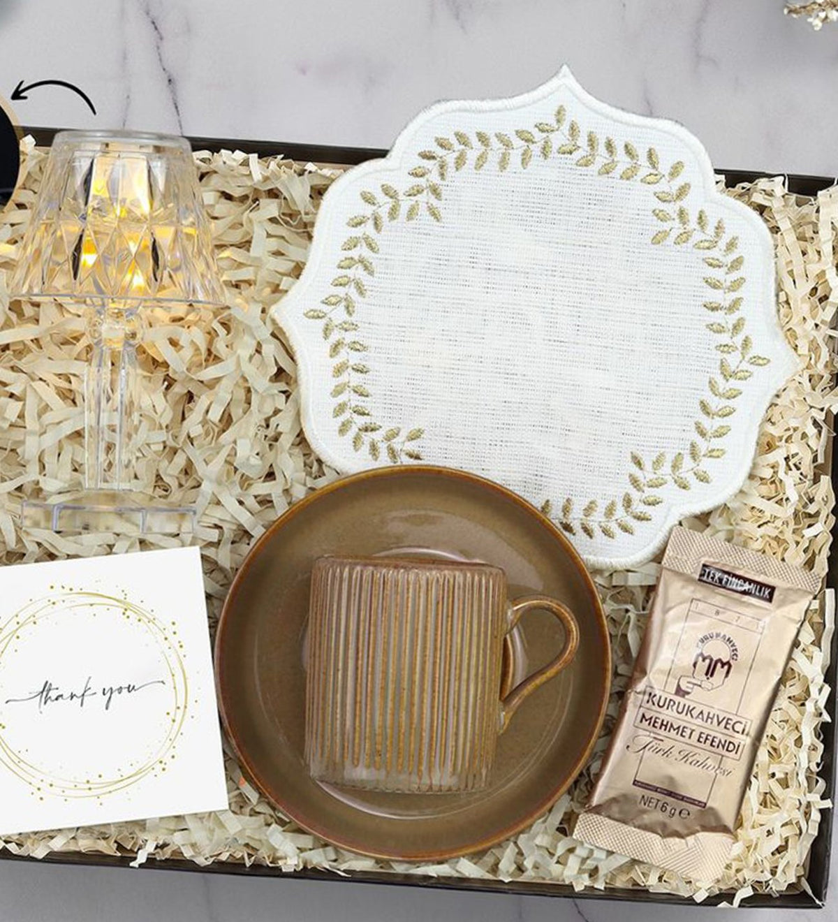 Fincan & Türk Kahvesi & Kahve Sunum Peçetesi & Abajur Mini Lamba Hediye Seti