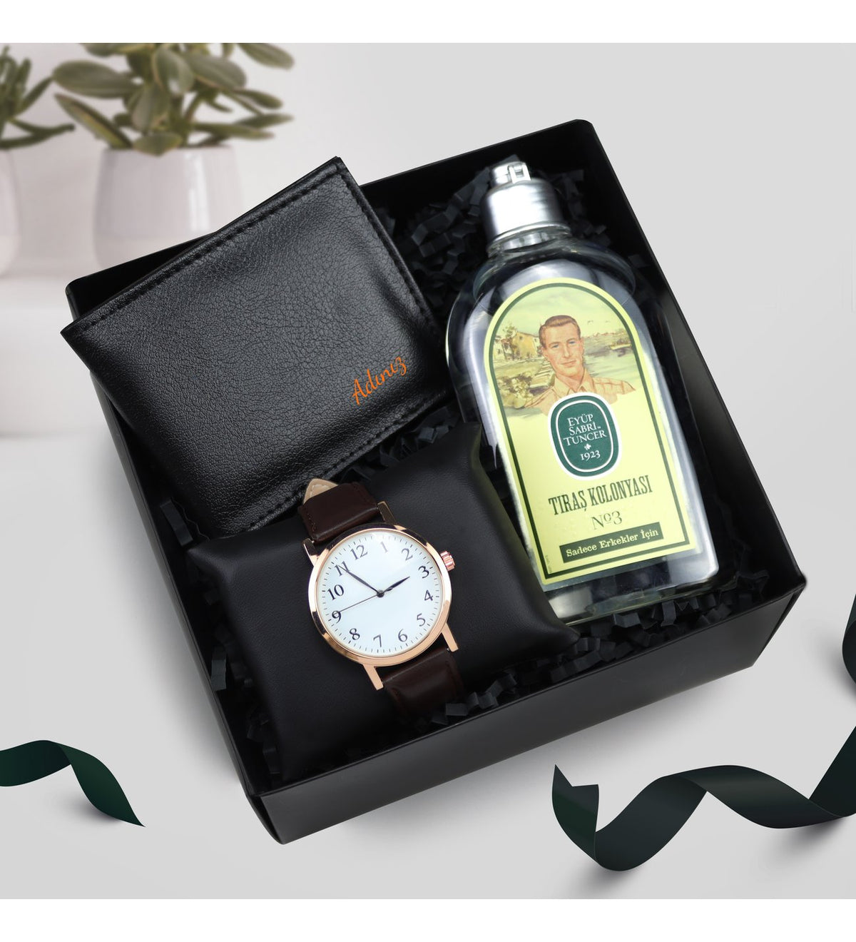Kişiye Özel Siyah Erkek Cüzdan & Kahverengi Erkek Kol Saati & Eyüp Sabri Tuncer Tıraş Kolonyası Hediye Seti