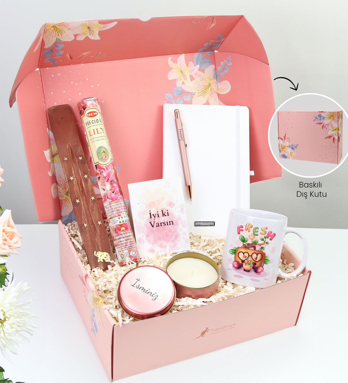 Kişiye Özel Beyaz Defter & Rose Tükenmez Kalem & Baskılı Kupa & Çubuk Tütsü & Pembe Metal Kutulu Mum