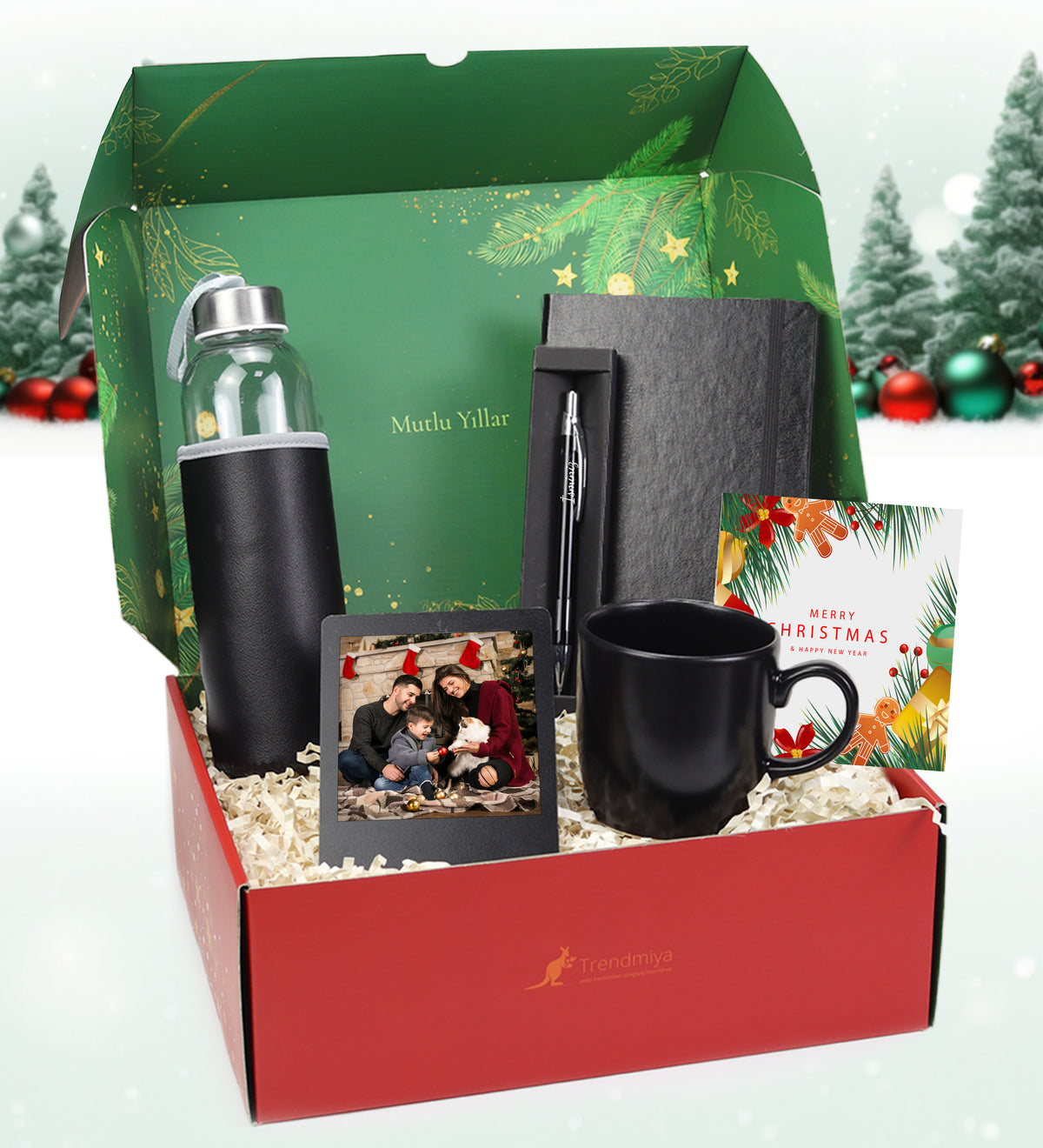 Yılbaşına Özel Kutusunda Kişiye Özel Gümüş Renk Detaylı Siyah Tükenmez Kalem & Defter & Deri Kılıflı Su Matarası & Siyah Kupa & İnstagram Çerçeve Hediye Seti