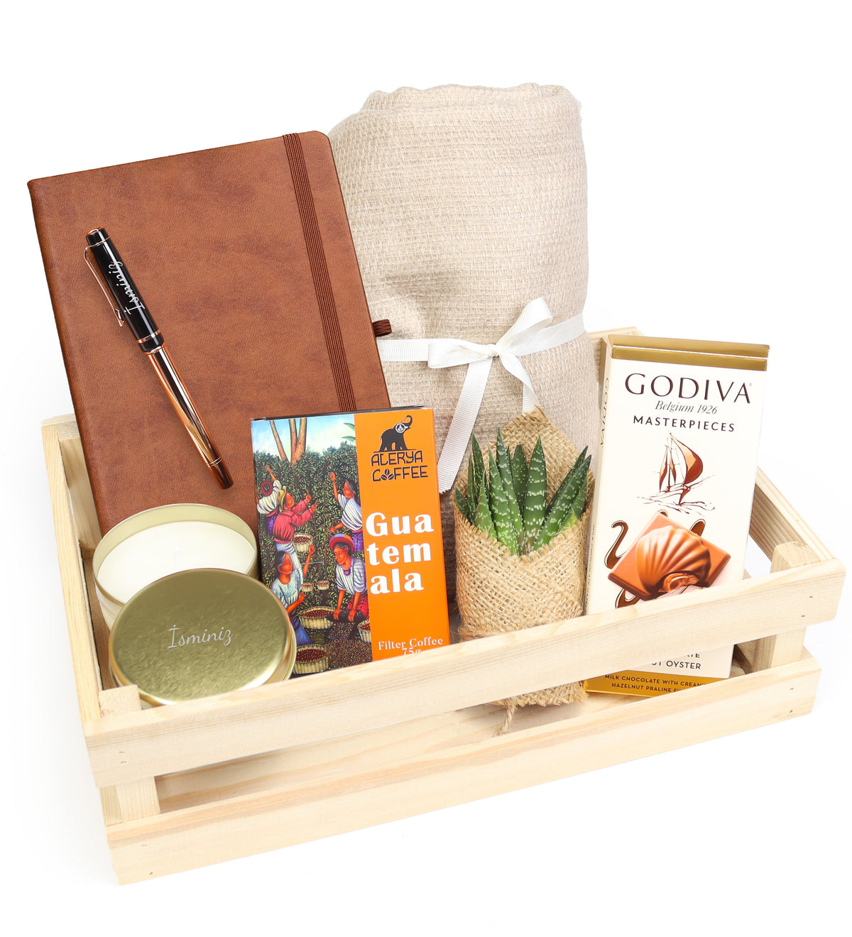 Ahşap Kasada Kişiye Özel Defter & Kalem & Mum & Alerya Filtre Kahve & Kalın Şal & Sukulent & Çikolata Hediye Seti