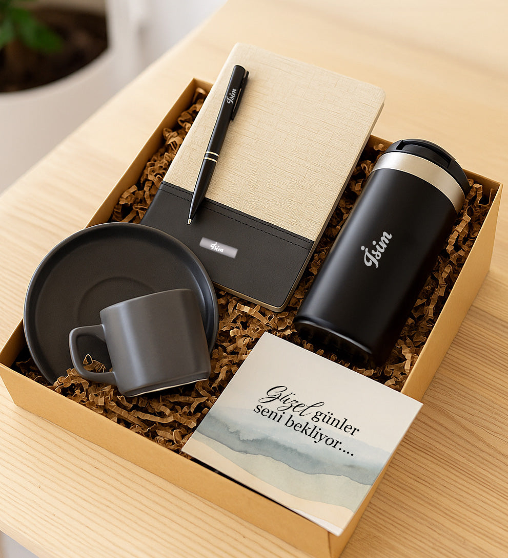 Dokulu Defter & Kalem & Fincan & Termos Hediye Seti