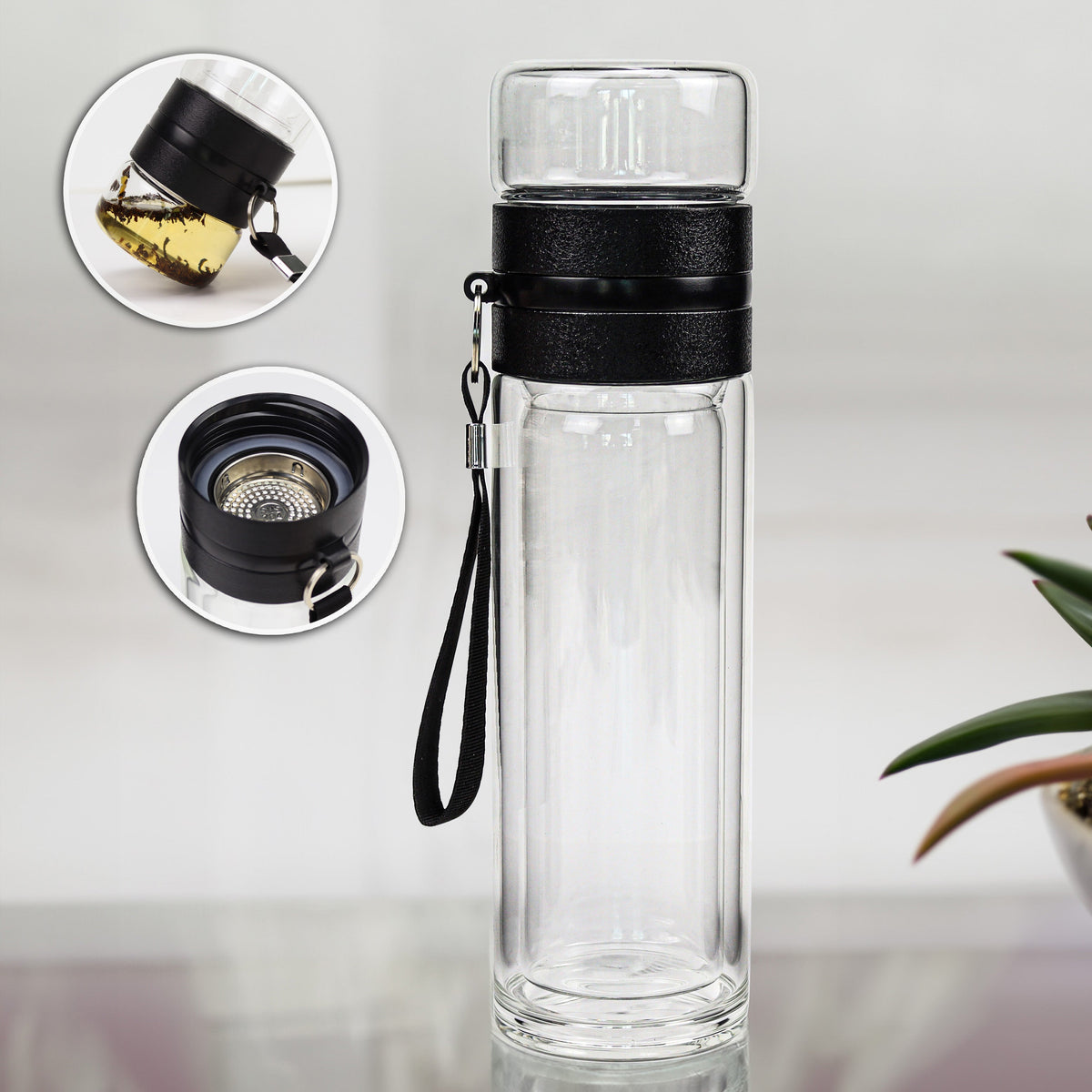 Borosilikat Çift Cidarlı 300 ml Cam Demlik Matara & Alerya Premium Filtre Kahve & Lacivert Çizgili Porselen Kupa & Çubuk Tütsü Hediye Seti