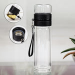 Borosilikat Çift Cidarlı 300 ml Cam Demlik Matara & Alerya Premium Filtre Kahve & Lacivert Çizgili Porselen Kupa & Çubuk Tütsü Hediye Seti