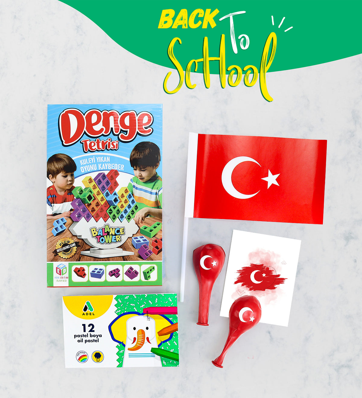 Denge Tetrisi & Adel Pastel Boya & Bayrak & 2'li Balon Hediye Seti
