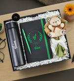 Dereceli Termos & Baskılı Defter & Yeşil Touchpen & Mini Ayıcık Buketi Hediye Seti
