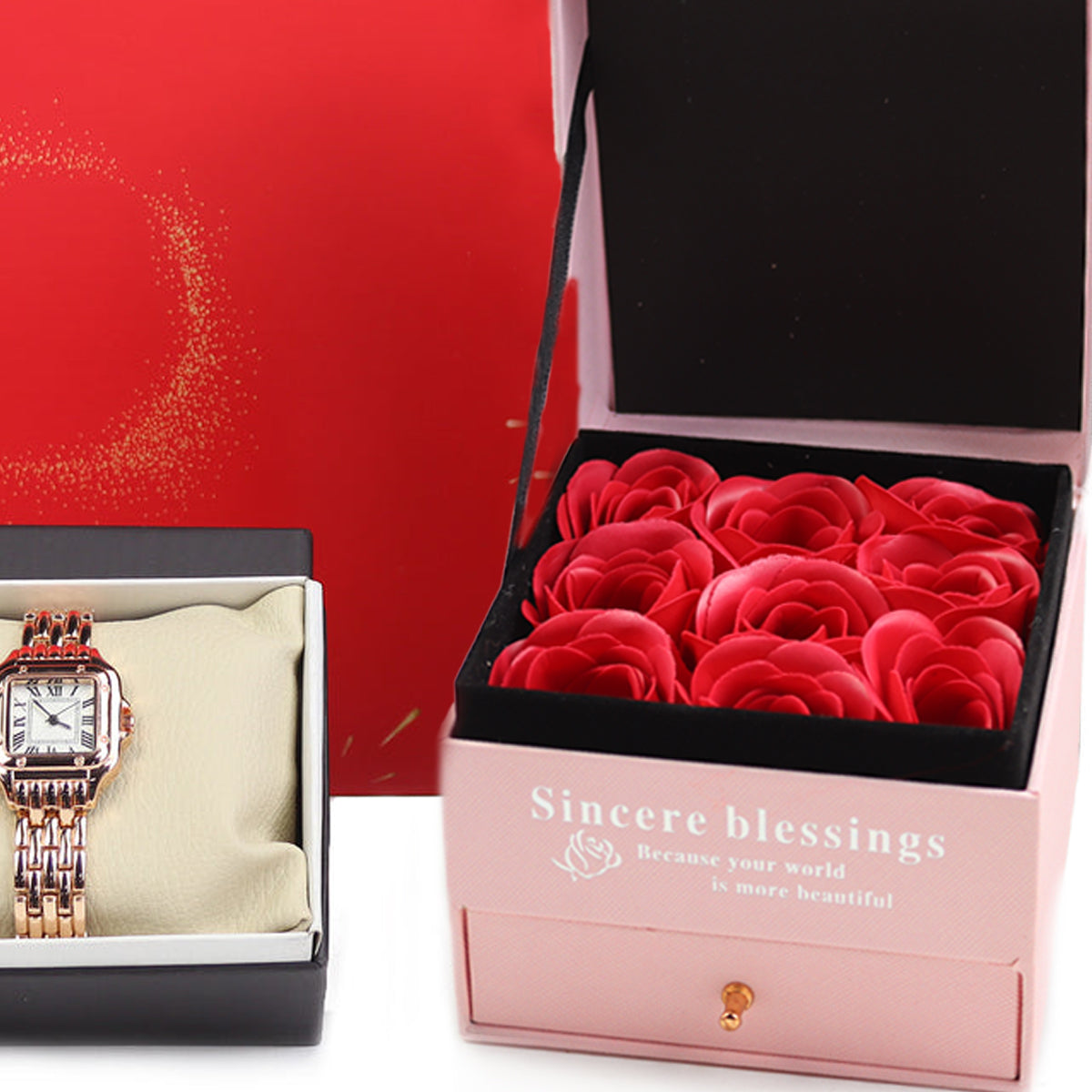 Gül Kutusu & Işıklı Melek Biblo & Rose Kadın Saati Hediye Seti