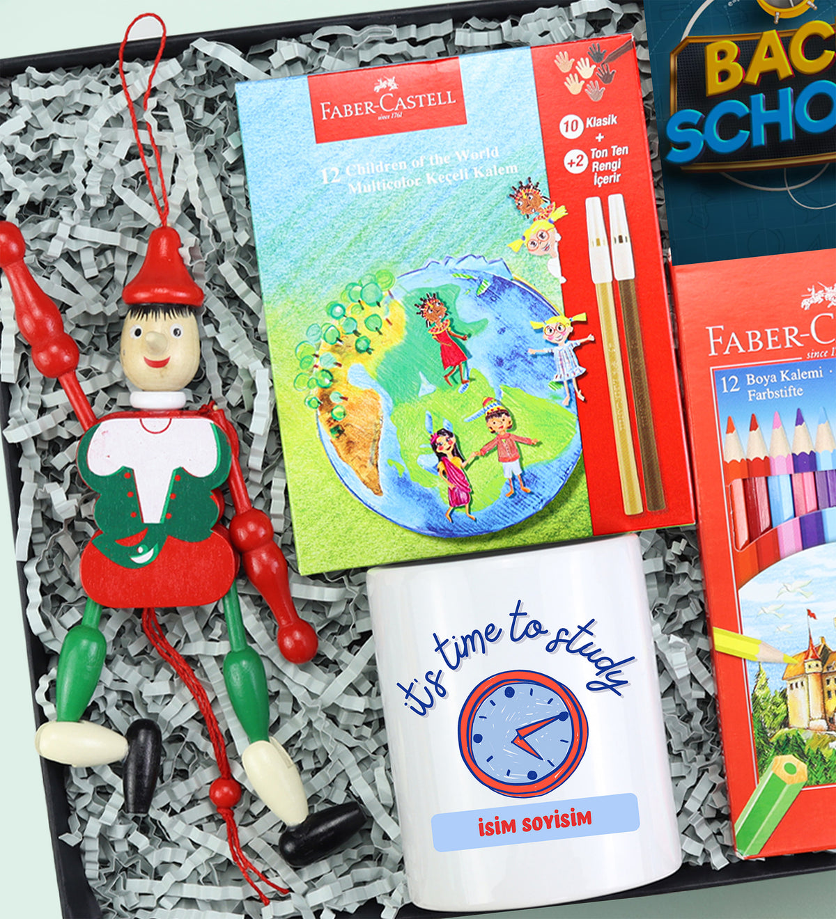 Çek Bırak Kukla & Faber Castell Keçeli Kalem & Boya Kalemi & Kalemlik Hediye Seti