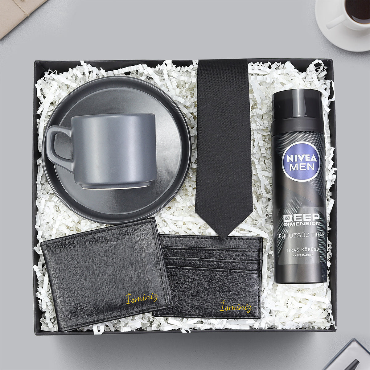 Gri Double Fincan & Kravat & Kartlık & Cüzdan & Nivea Tıraş Köpüğü Hediye Seti