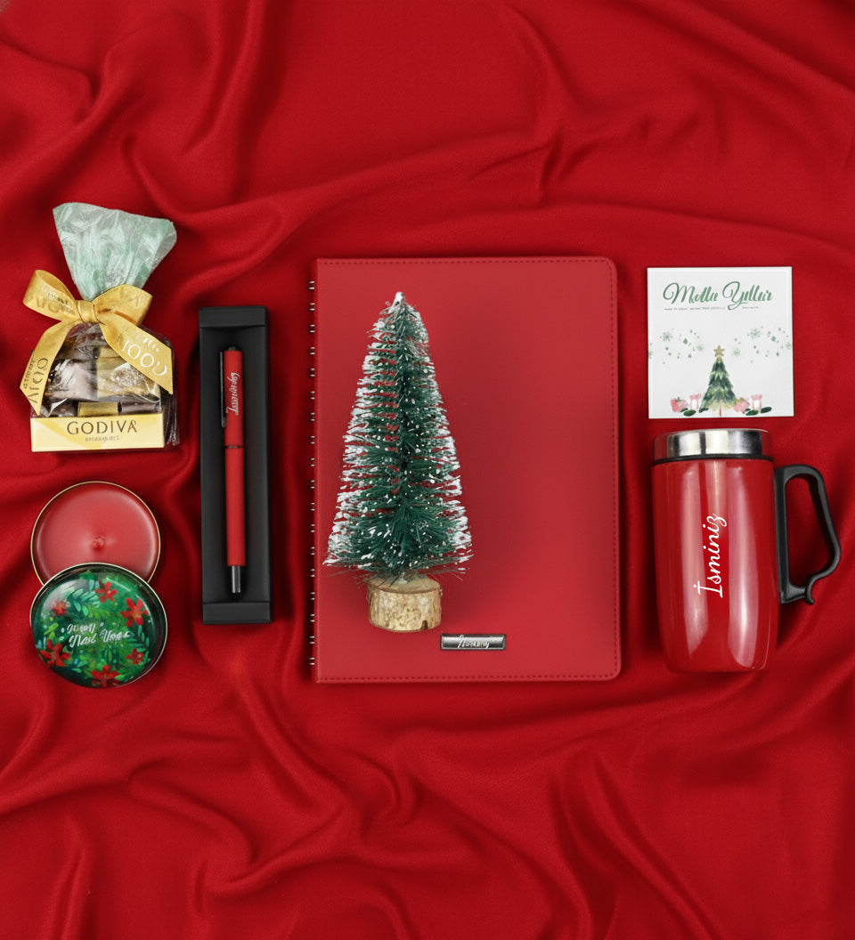 Kişiye Özel Kırmızı Spiralli Yeni Yıl Tarihli Ajanda & Kırmızı Renk Kulplu 280 ML Çelik Termos & Kırmızı Mat Roller Kalem & Ahşap Zeminli Mini Çam Ağacı & Godiva Napoliten Çikolata & Yılbaşı Temalı Metal Kutulu Mum Yılbaşı Hediye Seti