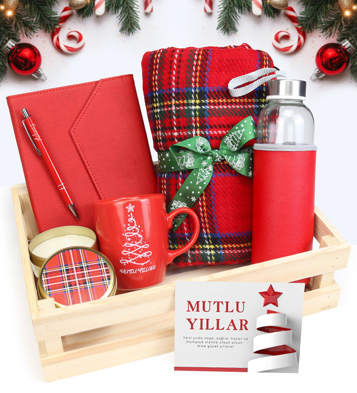 Ahşap Kasada Kırmızı Tükenmez Kalem & Defter & Metal Kutulu Mum & Mutlu Yıllar Kupa & Kalın Şal & Su Matarası Hediye Seti
