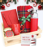 Ahşap Kasada Kırmızı Tükenmez Kalem & Defter & Metal Kutulu Mum & Mutlu Yıllar Kupa & Kalın Şal & Su Matarası Hediye Seti