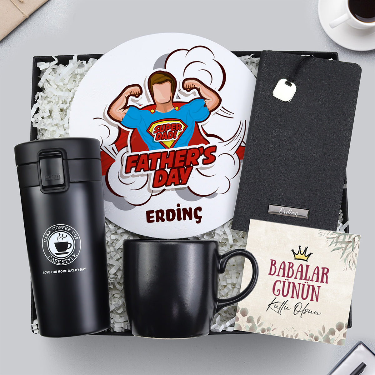 Kilitli Termos (İsimsiz) & Mousepad & Yumuşak Kapaklı Not Defteri & Siyah Kupa Babalar Günü Hediye Seti