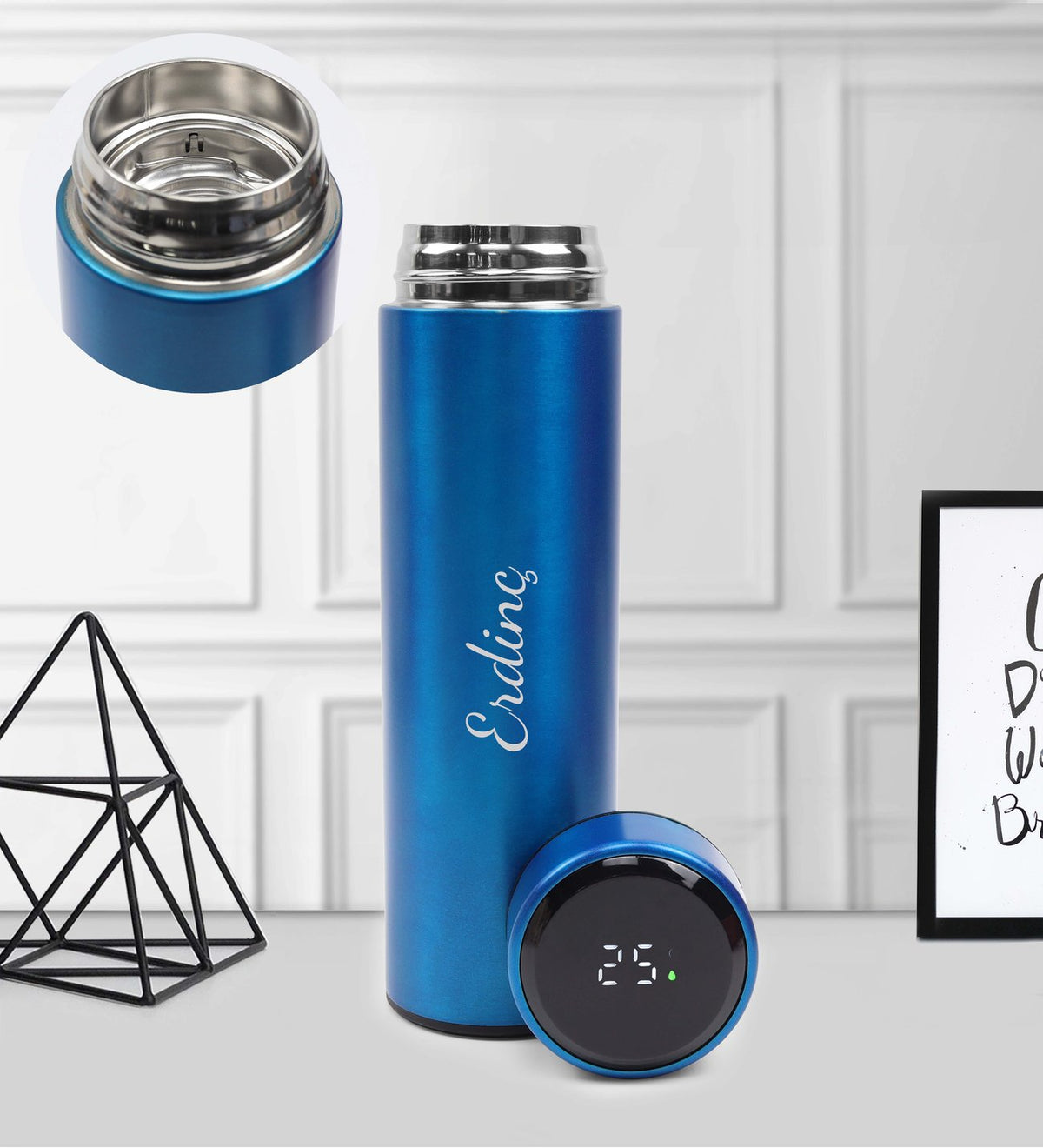 Ahşap Kasalı Kişiye Özel Dereceli Mavi Çelik Termos &Ajanda & Beyaz Tükenmez Kalem & Baskılı Kupa & Kolonya & Türk Kahvesi & Mini Çam Ağacı Hediye Seti