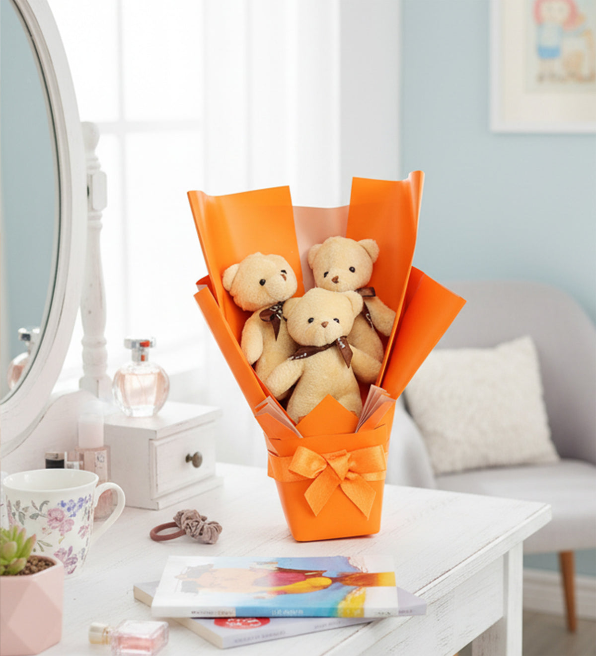 Turuncu Dereceli Termos & 3'lü Ayıcık Buketi Hediye Seti