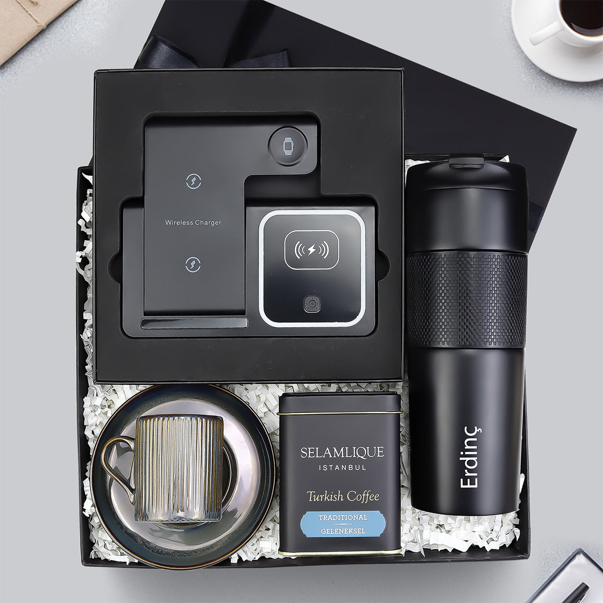 Masa Üstü Şarj Standı & French Press Termos & Selamlıque & Lacivert Porselen Fincan