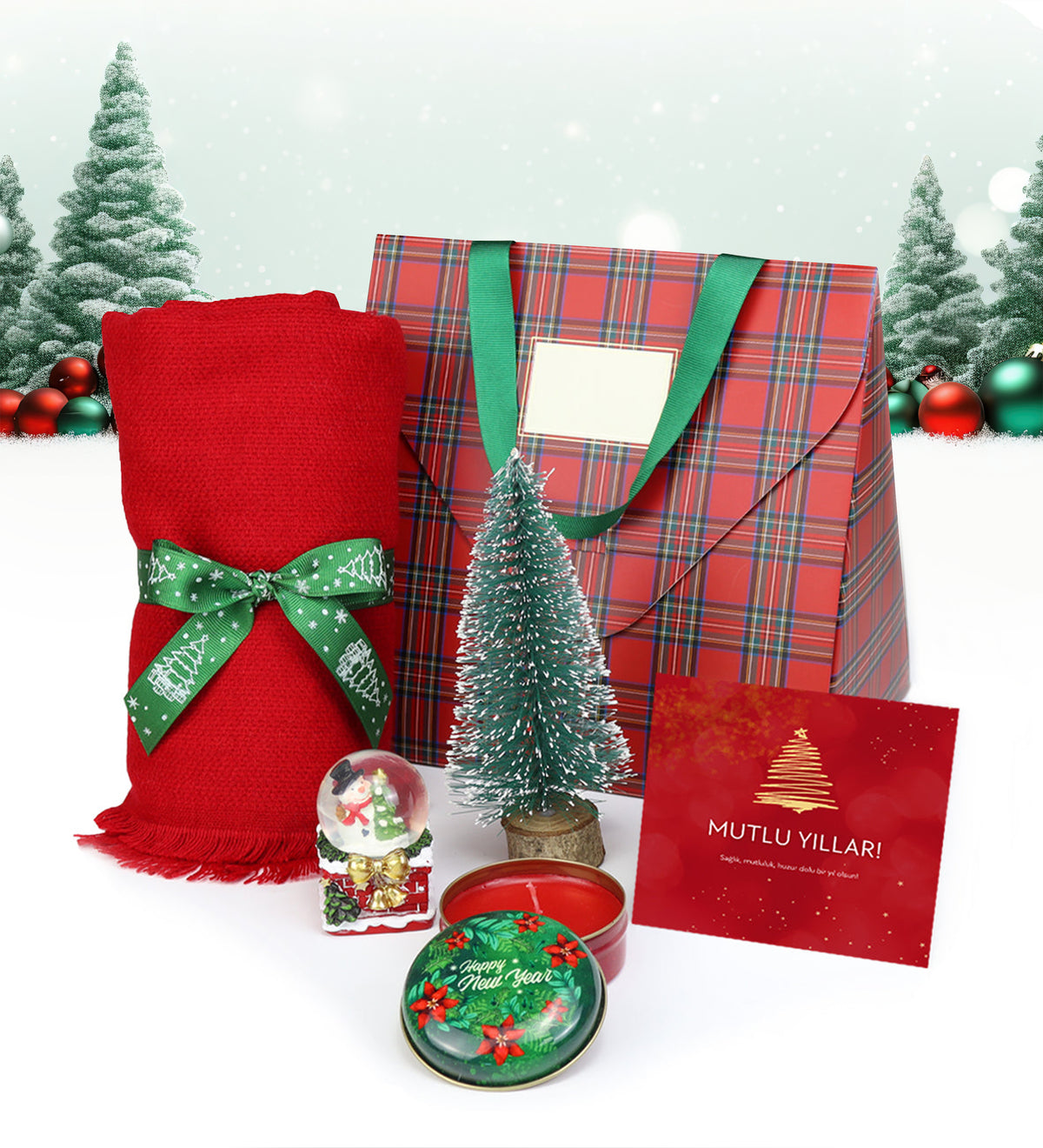 Ekose Karton Çanta & Kırmızı Şal & Ahşap Zeminli Mini Çam Ağacı & Yılbaşı Temalı Metal Kutulu Mum & Yılbaşı Kar Küre Hediye Seti