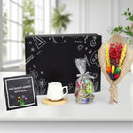 Kurutulmuş Çiçek Buketi & Lavi Çikolata & Bambu Tabaklı Beyaz Fincan Hediye Seti